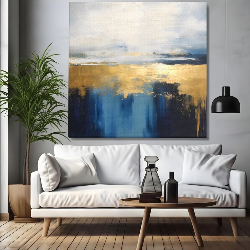 Tablou canvas cu pictura abstracta cu tonuri aurii si albastre, fara rama, pe sasiu de lemn, pe perete intr-un living